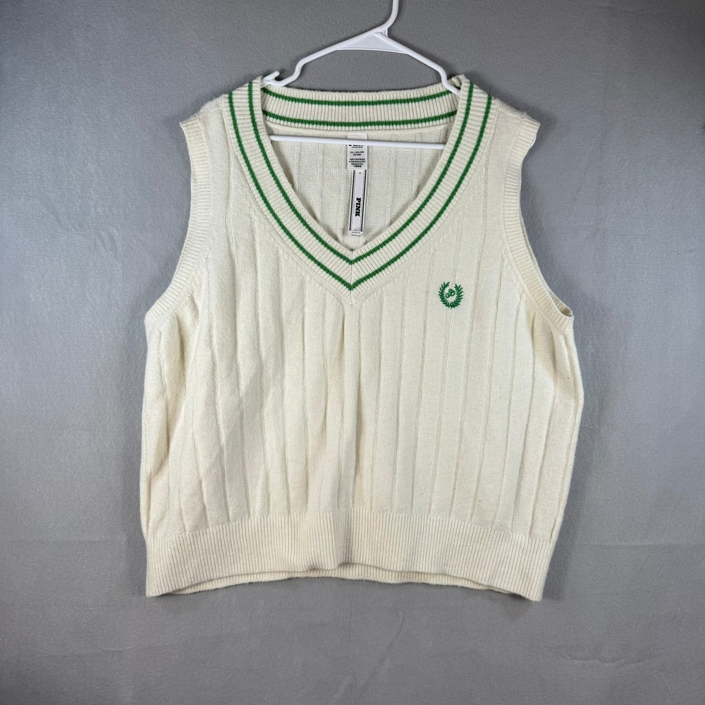 Victoria's Secret PINK Cream Green V-Neck Varsity Sweater Vest XXL